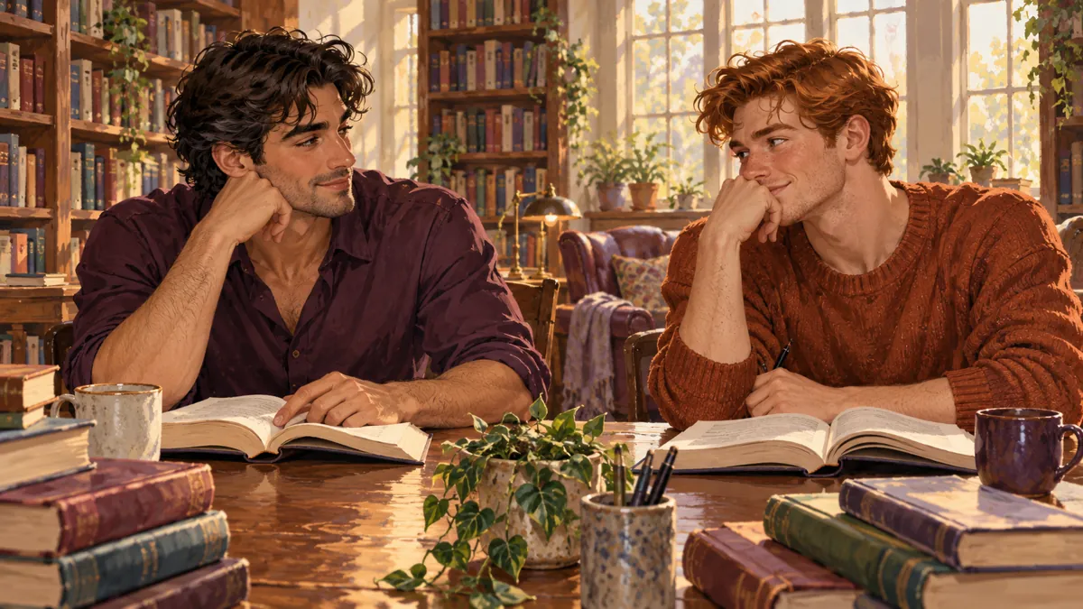 Two men exchange a glance across a table of open books